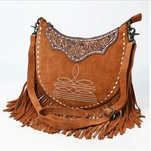 American Darling Crescent Tan Genuine Suede Crossbody Bag with Fringe and Tooled